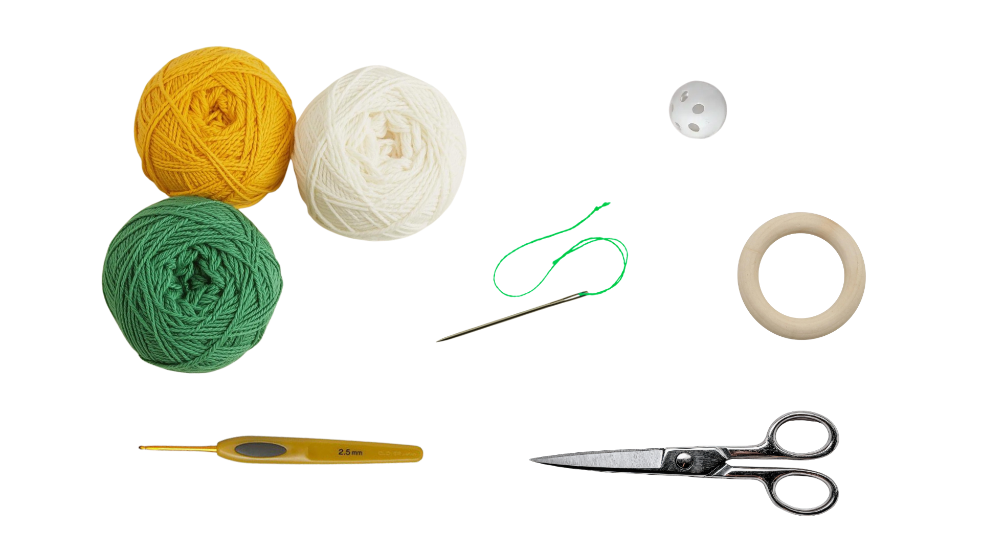 Rassel Blume BENÖTIGTE MATERIALIEN 1. Garn (Baumwolle oder Baumwollmischung). Zum Beispiel, Garn Yarn Art Jeans (50g160m) in Weiß (Nummer 01), Gelb (Nummer 35) und Grün (Nummer 69). 2. Häkelnadel,(2)
